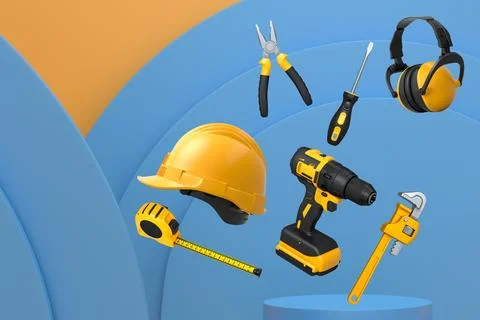 Various construction tools and safety equipment floating over podium on abstr Stock Illustration