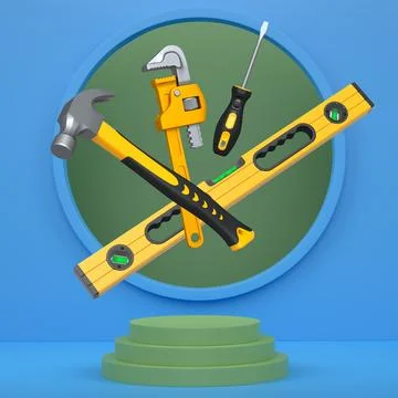 Various construction tools and safety equipment floating over podium on abstr Stock Illustration