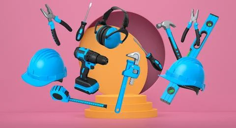 Various construction tools and safety equipment floating over podium on abstr Stock Illustration