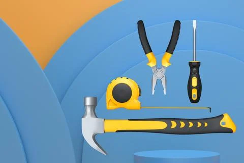 Various construction tools and safety equipment floating over podium on abstr Stock Illustration