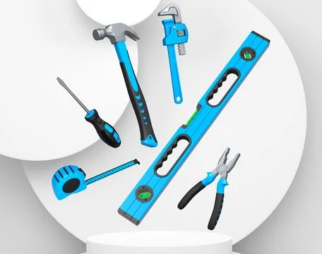 Various construction tools and safety equipment floating over podium on abstr Stock Illustration
