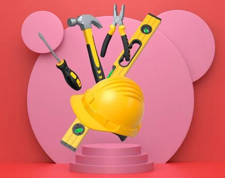 Various construction tools and safety equipment floating over podium on abstr Stock Illustration