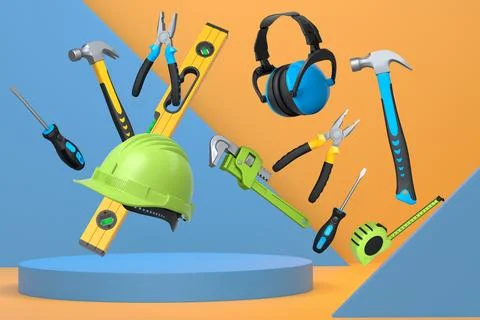 Various construction tools and safety equipment floating over podium on abstr Stock Illustration