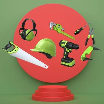Various construction tools and safety equipment floating over podium on abstr Ilustração Stock