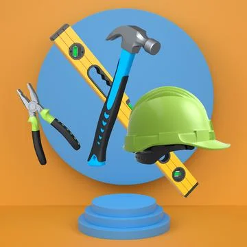 Various construction tools and safety equipment floating over podium on abstr Stock Illustration