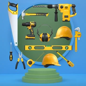 Various construction tools and safety equipment floating over podium on abstr Stock Illustration