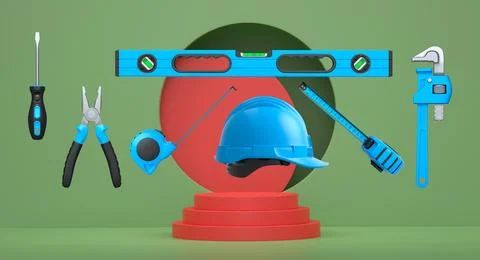 Various construction tools and safety equipment floating over podium on abstr Stock Illustration