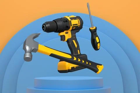 Various construction tools and safety equipment floating over podium on abstr Ilustração Stock