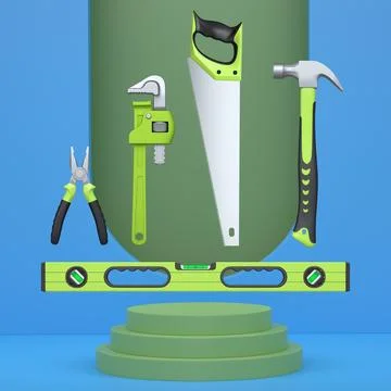 Various construction tools and safety equipment floating over podium on abstr Stock Illustration
