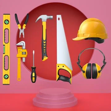 Various construction tools and safety equipment floating over podium on abstr Ilustração Stock