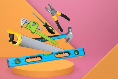 Various construction tools and safety equipment floating over podium on abstr Ilustración de archivo