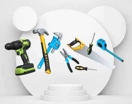 Various construction tools and safety equipment floating over podium on abstr Ilustración de archivo