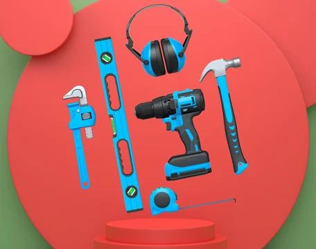 Various construction tools and safety equipment floating over podium on abstr Ilustração Stock