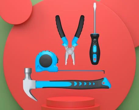 Various construction tools and safety equipment floating over podium on abstr Stock Illustration