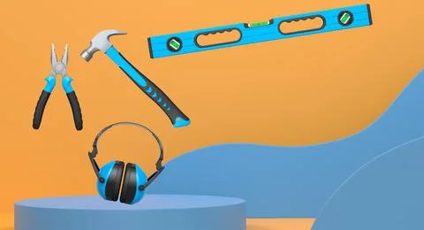 Various construction tools and safety equipment floating over podium on abstr Ilustração Stock