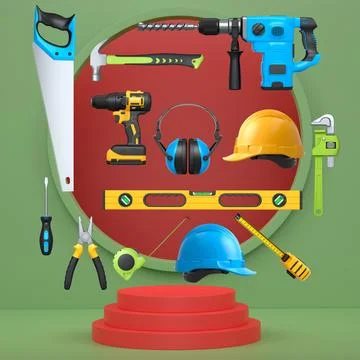 Various construction tools and safety equipment floating over podium on abstr Stock Illustration