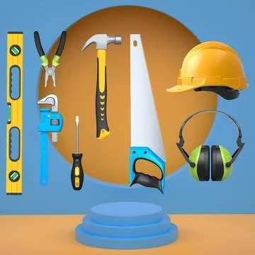 Various construction tools and safety equipment floating over podium on abstr Ilustração Stock