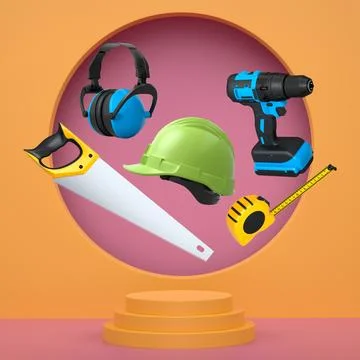 Various construction tools and safety equipment floating over podium on abstr Stock Illustration