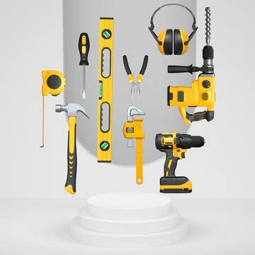 Various construction tools and safety equipment floating over podium on abstr Ilustração Stock