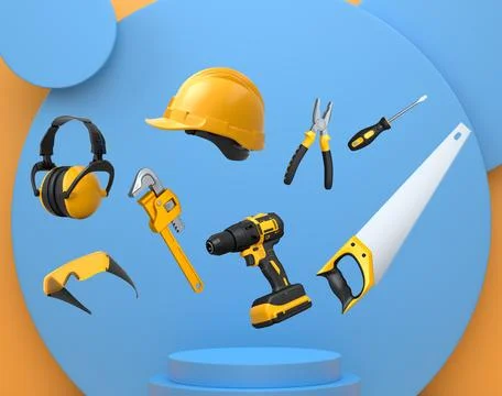 Various construction tools and safety equipment floating over podium on abstr 스톡 일러스트