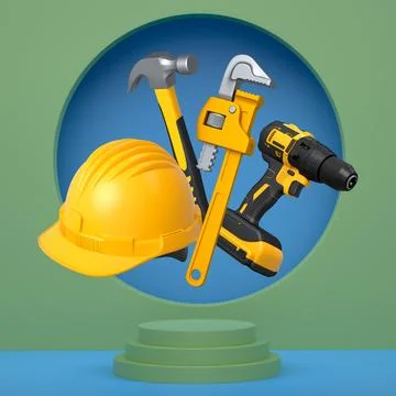 Various construction tools and safety equipment floating over podium on abstr 스톡 일러스트