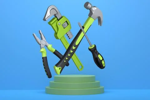 Various construction tools and safety equipment floating over podium on abstr 스톡 일러스트