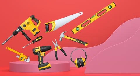 Various construction tools and safety equipment floating over podium on abstr Ilustração Stock