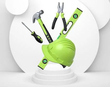 Various construction tools and safety equipment floating over podium on abstr 스톡 일러스트