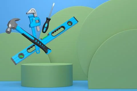 Various construction tools and safety equipment floating over podium on abstr Ilustración de archivo