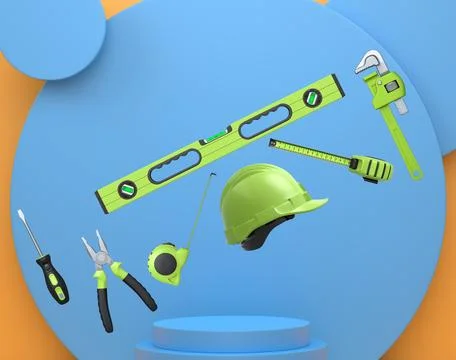 Various construction tools and safety equipment floating over podium on abstr Stock-Fotos