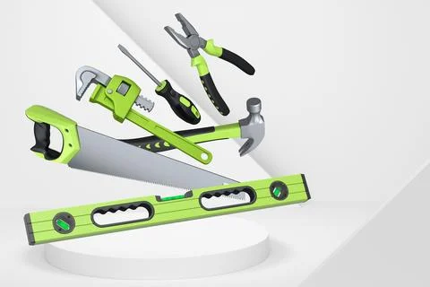 Various construction tools and safety equipment floating over podium on abstr Stock Photos