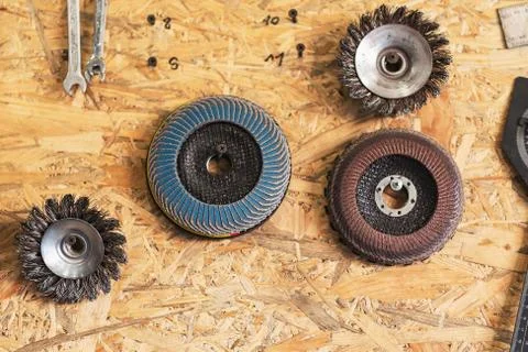 Various construction tools are hanging on the osb board Stock Photos