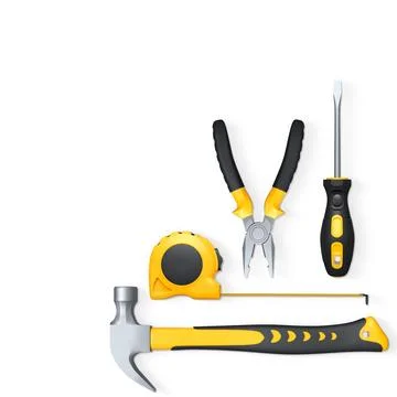 Various construction tools like hammer, pliers, screwdriver, and tape measure Stock Illustration