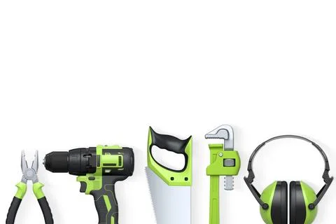 Various construction tools including drill, saw, wrench, pliers, and earmuffs Stock Illustration