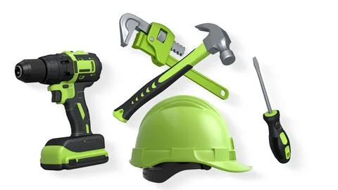 Various construction tools including wrench, hammer, pliers, and helmet isola Stock Illustration