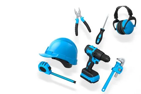 Various construction tools including wrench, hammer, pliers, and helmet isola Stock Illustration