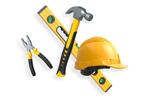 Various construction tools including wrench, hammer, pliers, and helmet isola Stock Illustration