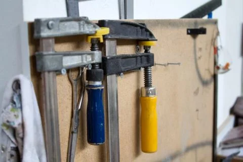 Various construction tools, woodwork, production or workshop, selective focus Stock Photos