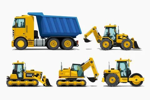 Various construction vehicles side view in set Stock Illustration
