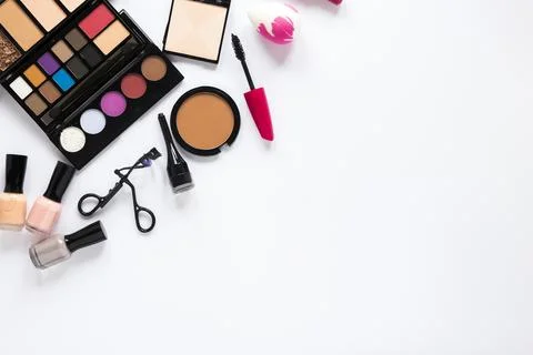 Various cosmetics scattered table Stock Photos