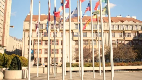 Various country flags on white masts blow on a place in front of a Stock Footage 119597545