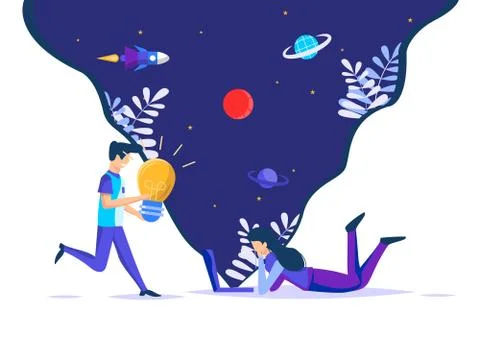 Various creative ideas that emerge in space. women relax in front of a laptop Stock Illustration