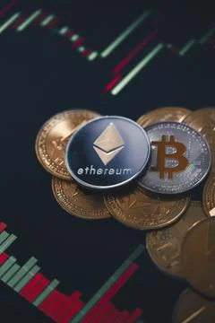 Various Cryptocurrencies with candle stick graph chart and digital background Stock Photos