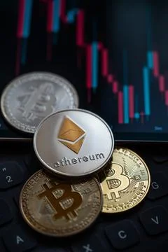 Various Cryptocurrencies with candle stick graph chart and digital background Stock Photos
