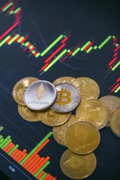 Various Cryptocurrencies with candle stick graph chart and digital background Stock Photos