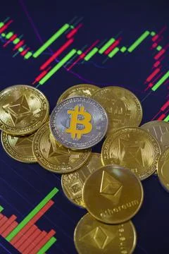 Various Cryptocurrencies with candle stick graph chart and digital background Stock Photos