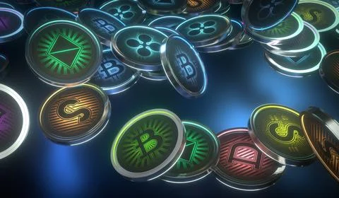 Various Cryptocurrency Bitcoins Falling Down - 3D illustration Stock Illustration