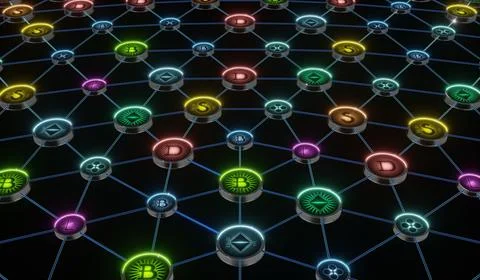 Various Cryptocurrency Bitcoins Network - 3D illustration Stock Illustration