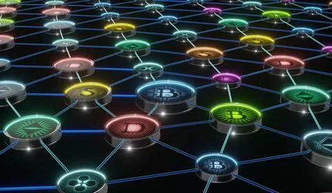 Various Cryptocurrency Bitcoins Network - 3D illustration Stock Illustration
