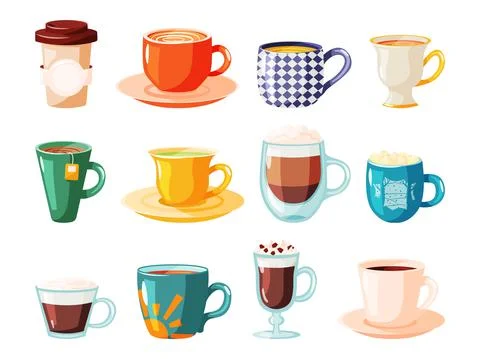 Various cup with tea, coffee and drink isolated set Stock Illustration